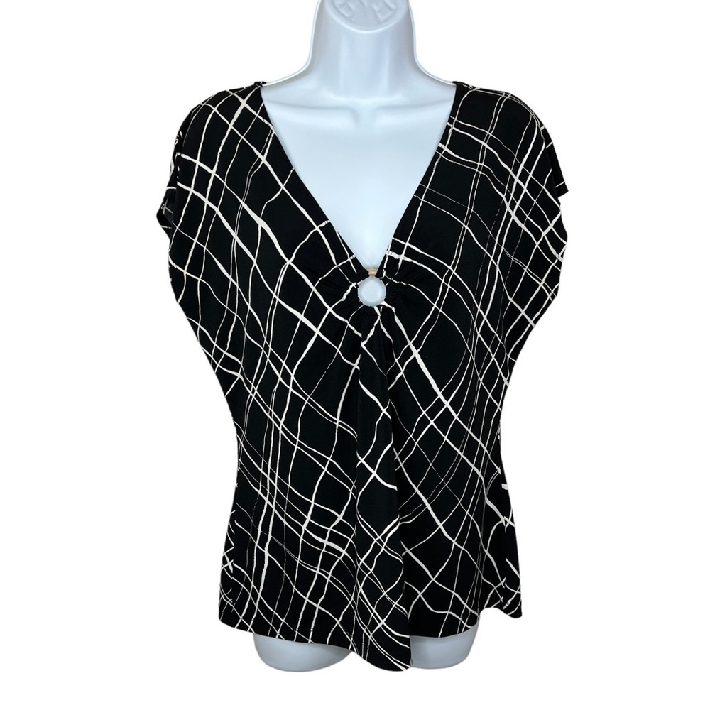 Large Liz And Co V Neck Blouse Black White Short Sleeve